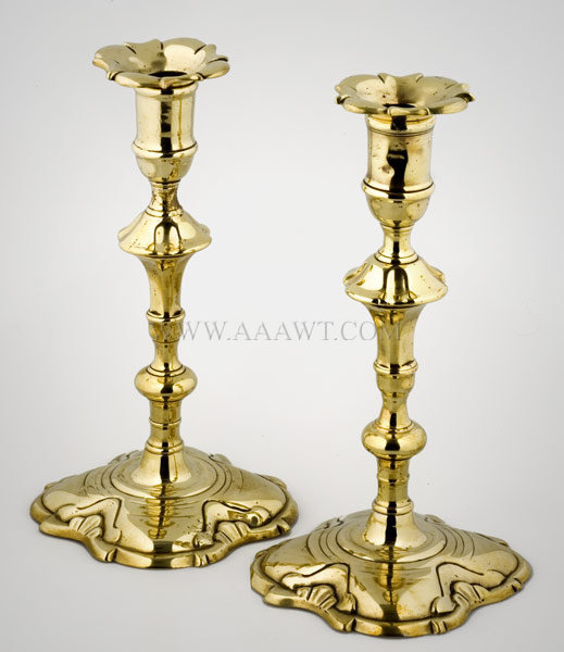 Queen Anne Candlesticks, Pair, Brass, Shell Bases, Pedal Form Bobeche
Seamed construction, baluster stems
English
Circa 1750, entire view